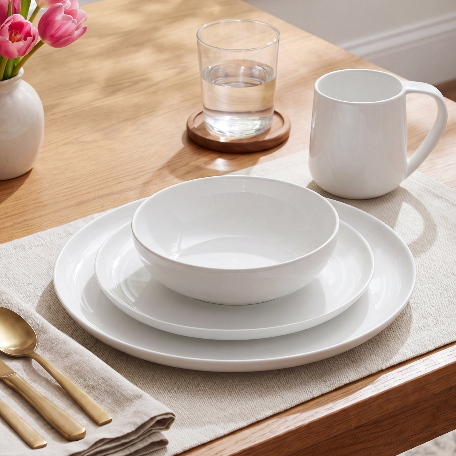 Fitz and Floyd Nevaeh White Coupe 16-Piece Chip-Resistant Bone China Dinnerware Set, Service for 4