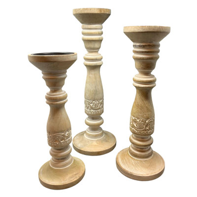 Set of 3 Charleston Candle Holders-Bleached Wood