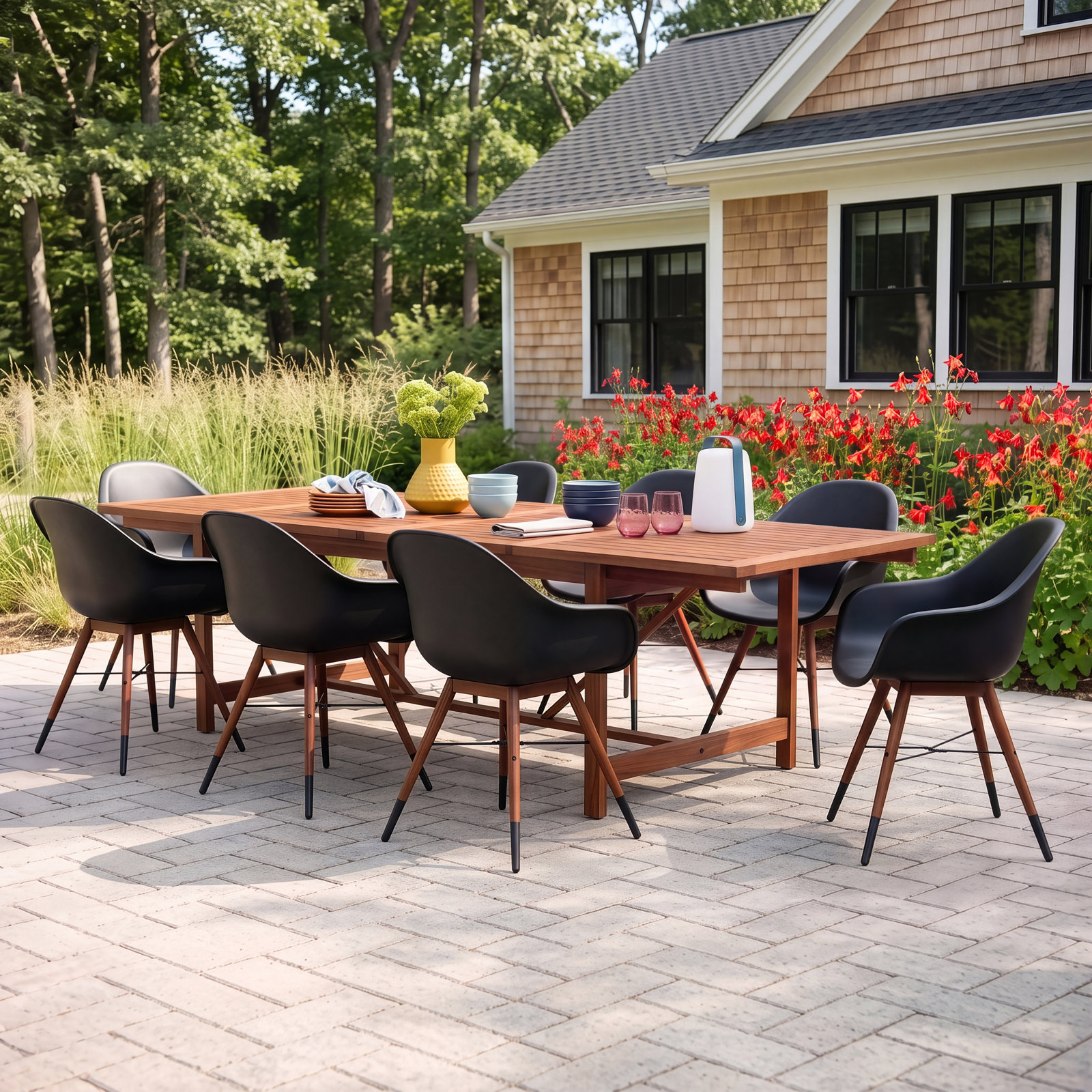 Alyisa 118" Eucalyptus Patio Dining Set, Black