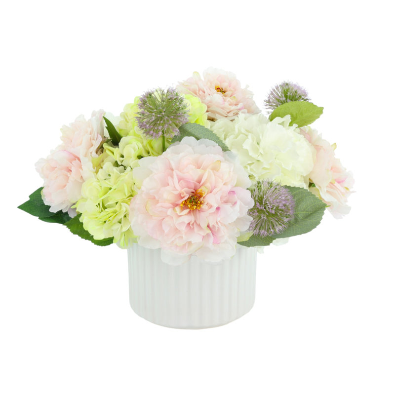Hydrangeas and Peonies Arranged in Ceramic Pot