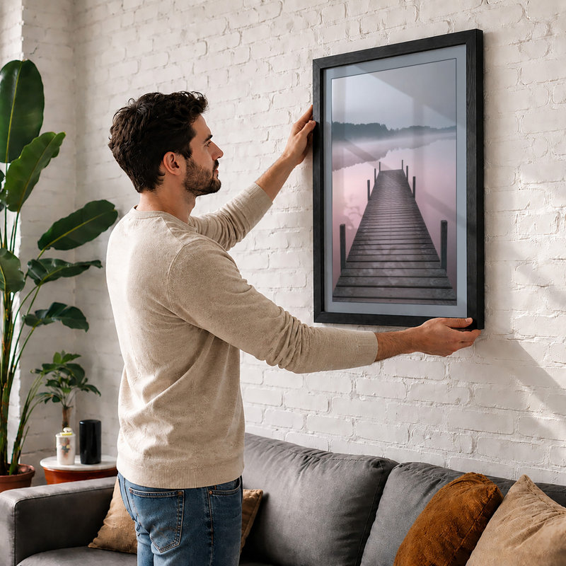 Jetty into Mist Scandinavian - Framed Print, A1 - 84.1 x 59.4 cm, Black