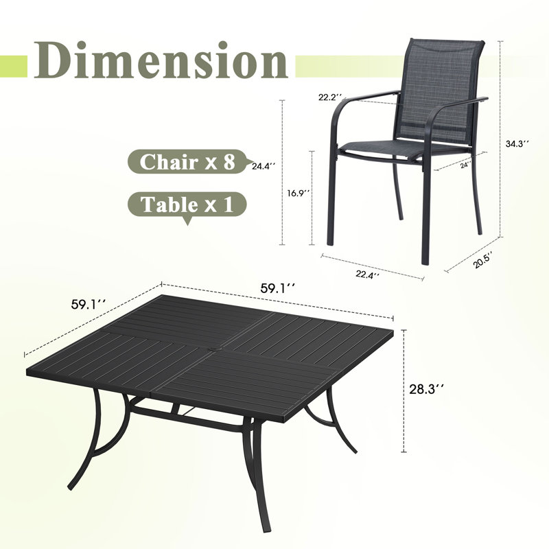 8-Person Square Patio Dining Set With Stackable PVC-coated polyester Chairs, Black/Gray
