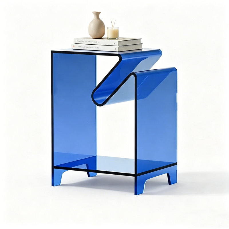 No Assembly Acrylic Side Table, Vibrant Blue Open Storage Accent Table for Bedroom, Living Room, Blue
