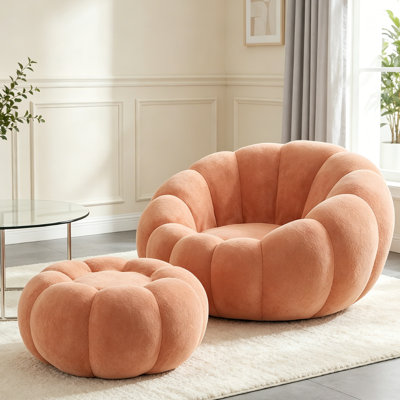 Bean Bag Chair Lounger Fireside Chair, Floor Chair, Lounge Chair Indoor with Ottoman, Pumpkin Shape Lounge Reading Chair for Bedroom, Living Room, Office