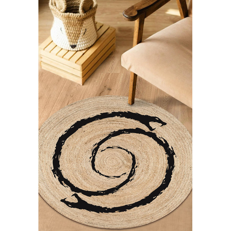 Tapis rond beige en jute tissé à la machine Caryville, Rond 2 pi 7 po