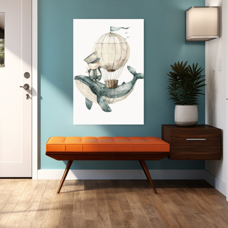 «Flying Whale Captain Dreamy», impression d'art fantaisiste sur un océan de baleines, H 48 po x l 32 po