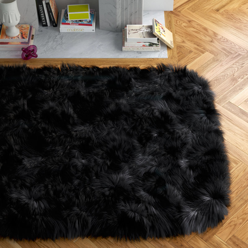 Diller Black Faux Fur Machine Washable Shag Fluffy Area Rug, Rectangle 4' x 6'