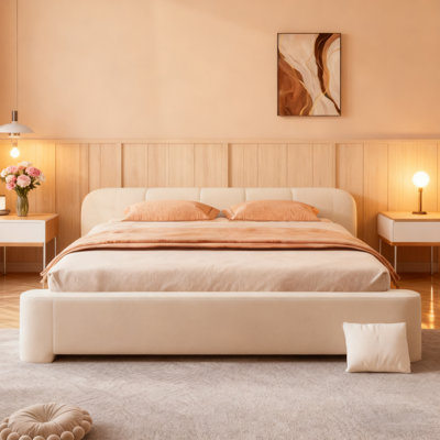White Boucle Upholstered Bed