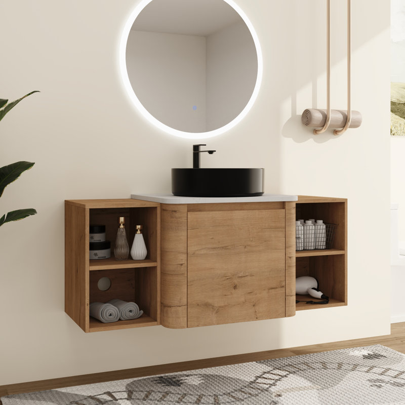 Ensemble de meuble-lavabo simple Greythor avec lavabo en céramique et tablettes de rangement, ensemble de meuble-lavabo simple avec plateau en pierre reconstituée