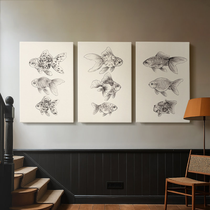 Goldfish II - Toile tendue avec châssis sur mesure - 3 pièces, H 18 po x l 36 po