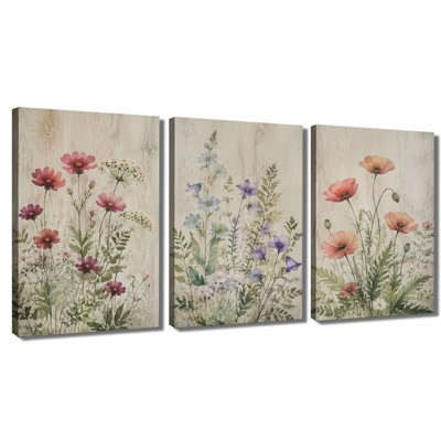 3‑panel wall art Watercolor Wildflower Poppy Botanical Wrapped Canvas Print