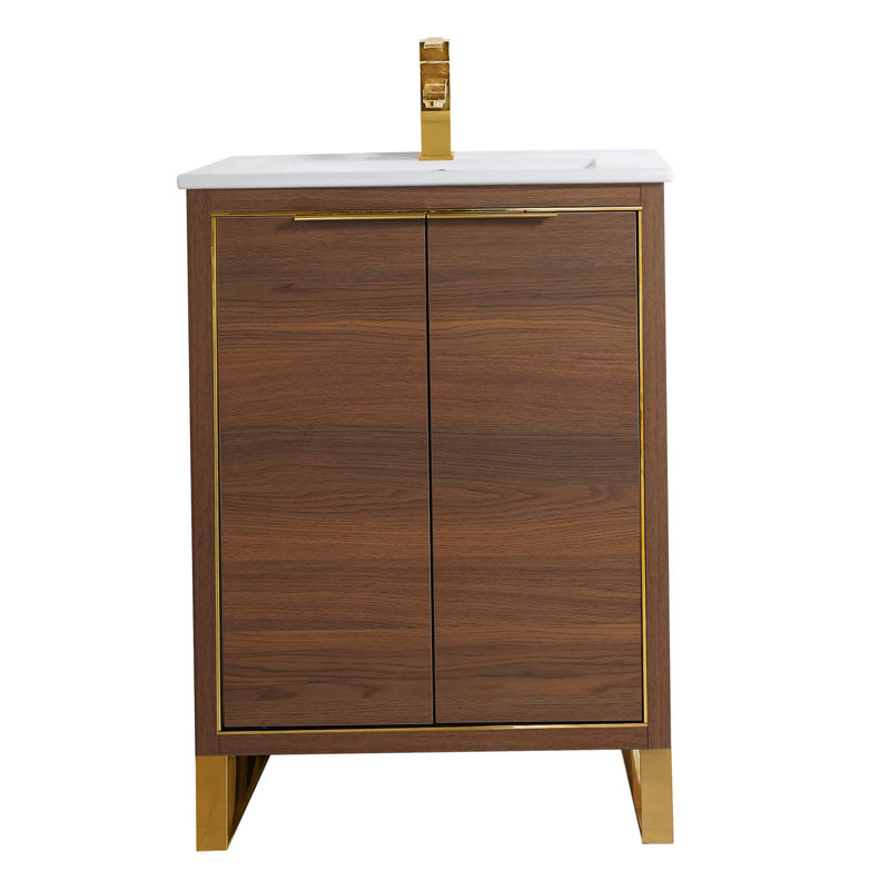 24'' Single Bathroom Vanity Set, Walnut, Satin Brass