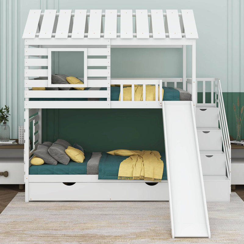 Pocklington Twin over Twin House Bunk Bed with Trundle and Slide, Roof and Window Design, White
