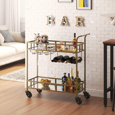 2 Tier Rolling Wine Bar Cart with Mirrored Shelves, Home Liquor Cart with Wine Racks & Glass Holder, Mobile Serving Cart for Dining Room, Living Room and Party