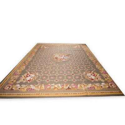 Tapis tissé à plat Vintage Aubusson, motif de treillis vert olive 9 pi 0 po x 12 pi 0 po