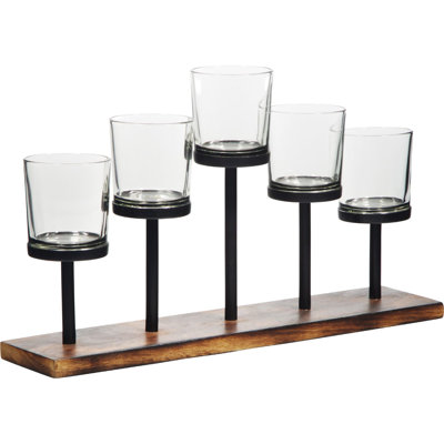 Élégante pièce maîtresse de porte-bougie décorative décorative, 5 tasses en verre sur un plateau de base en bois pour anniversaire, mariage, centre de table de salle à manger, décorations de salon, centre de table basse Decor, Menorah