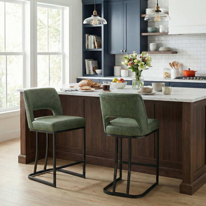 Tabouret de bar moderne en similicuir avec structure en métal, tabourets de bar modernes à hauteur de comptoir avec dossier découpé, ensemble de 2