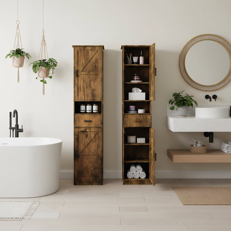 69" Tall Bathroom Storage Cabinet with Barn Doors and Drawer, Rustic Brown