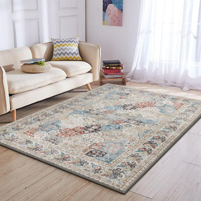 Soft Cashmere Feel Area Rug – Non Slip Low Pile Living Room & Bedroom Carpet, Machine Washable