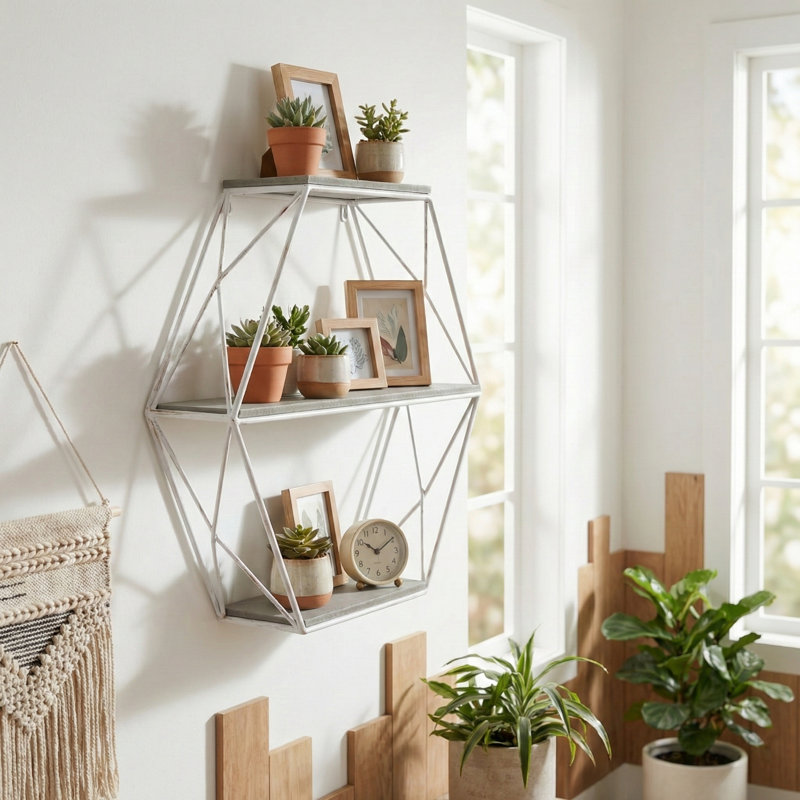 Ljiljan Metal and Wood Wall Storage Unit with 3 Open Shelves, Industrial Wall-Mounted Shelf Organizer, Modern Floating Display Shelving