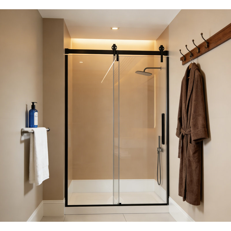 59" W x 75" H Single Sliding Frameless Shower Door, Barn-Style Matte Black Hardware, 5/16" (8mm) Clear Tempered Glass with Easy-Clean Coating, Reversible Left/Right Opening, 25" Walk-In Opening