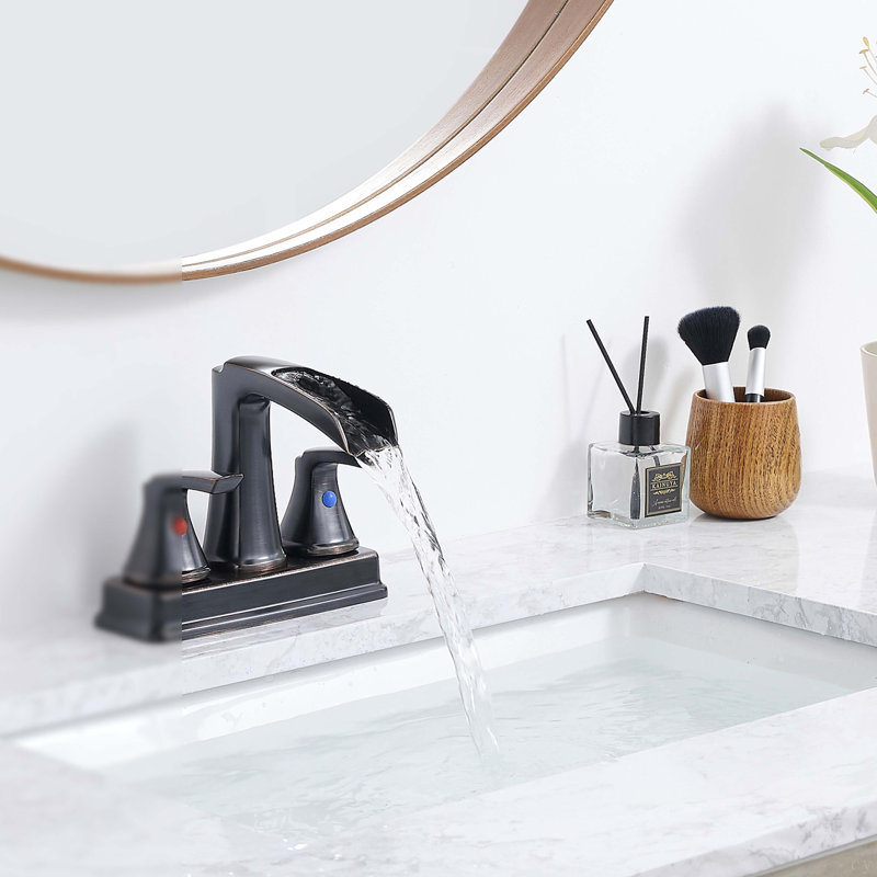 Bathroom Faucet - 4 Inch Centerset Waterfall Faucet With 2 Handles, 360 Degree Swivel Spout, 3 Hole Sink, Pop Up Drain