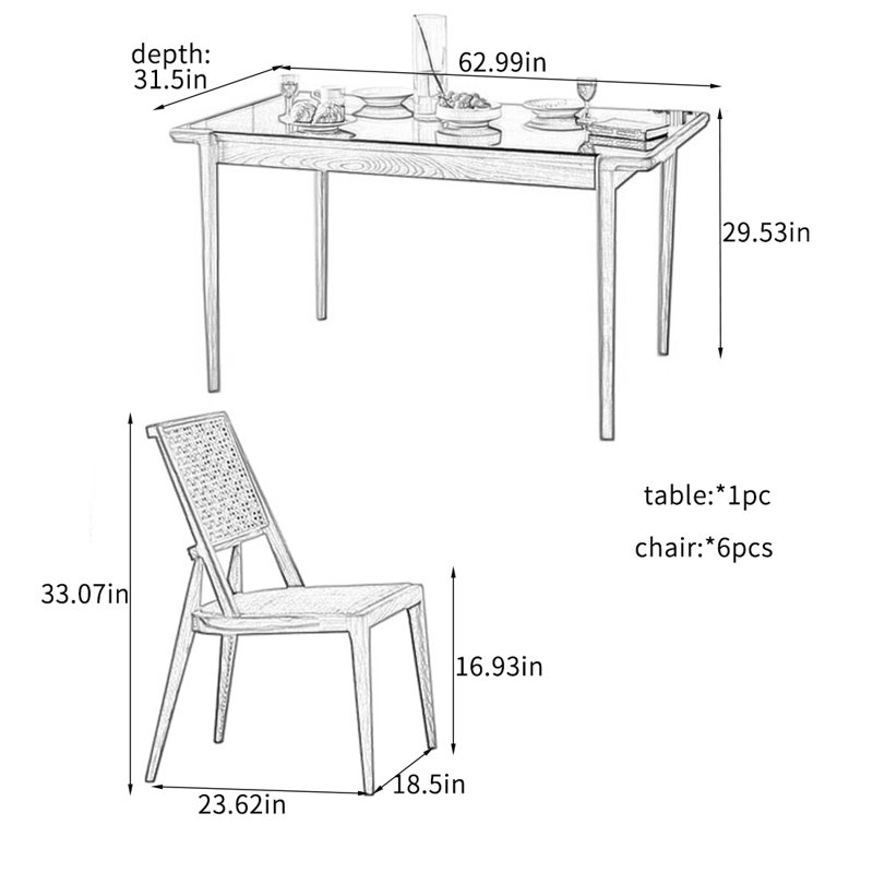 Ensemble de table de salle à manger en rotin et bois de frêne massif., 7