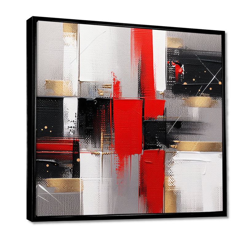 «Red and Gold Cubic Abstract I», reproduction sur toile, Cadre flottant noir, H 44 po x l 44 po