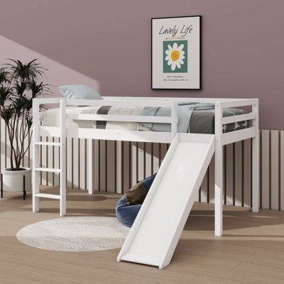 Twin Elevated Bed With Ladder And Slide Loft Design Including Safety Guardrails