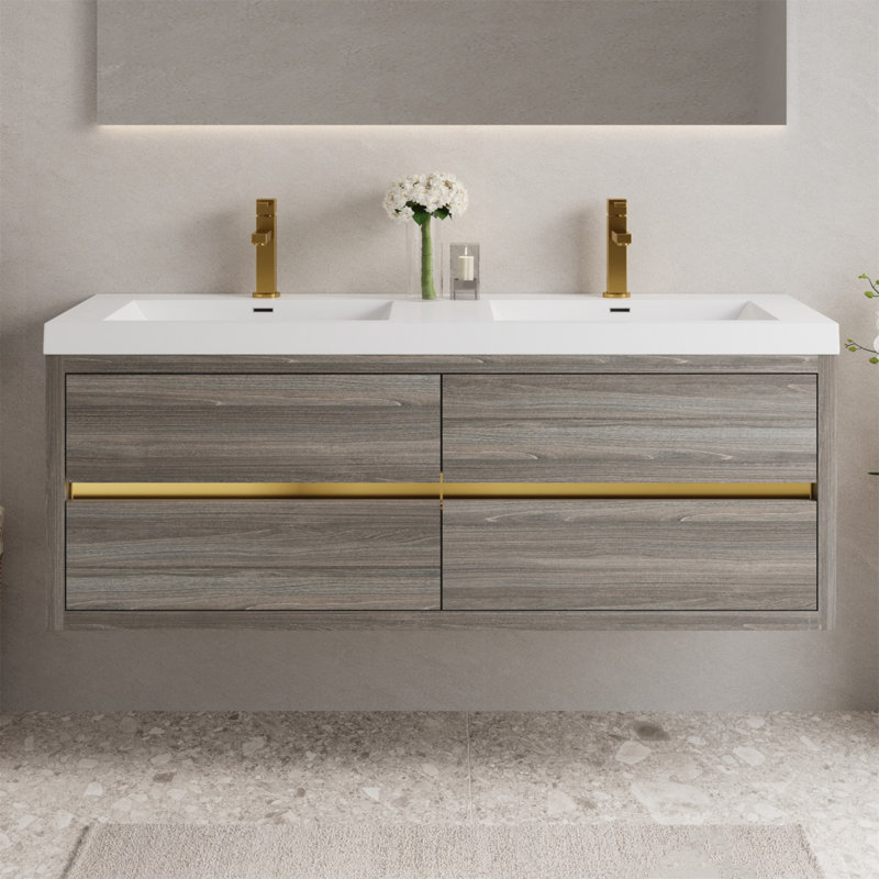 Meuble-lavabo mural 60 po avec lavabo double, meuble de rangement flottant, comptoir en résine de pierre et tiroirs à fermeture en douceur 60 po