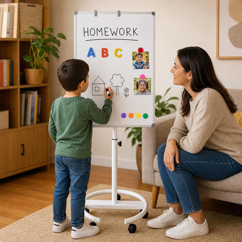 Tableau blanc magnétique à roulettes 40 po x 28 po, à hauteur réglable avec roues et freins pour bureau et maison