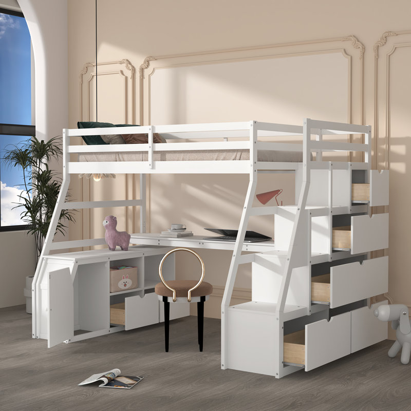 Glinnie Kids Twin Loft Bed with Drawers, White
