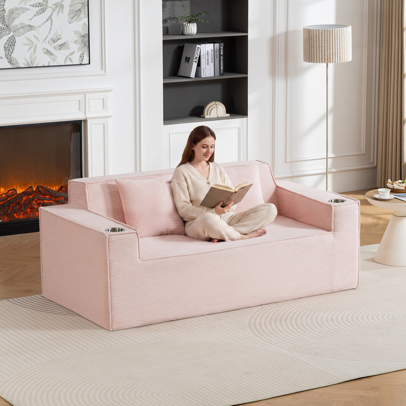 Boneless Brinae Upholstered Boneless Sofa Loveseat with 2 Cup Holders, Pink