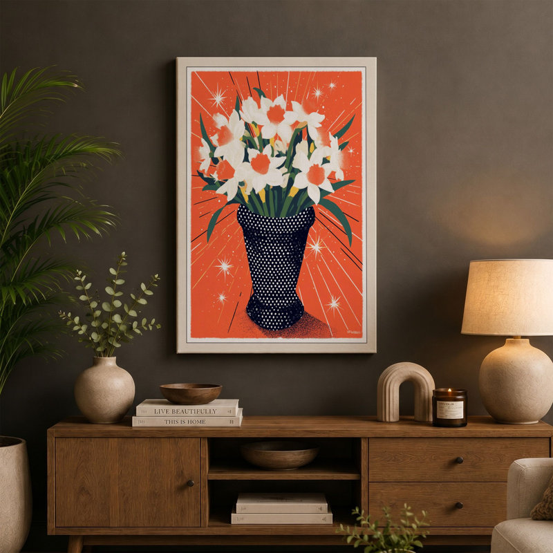 Sunburst Florals Mid-Century - Print, 24x16 - 61.0 x 40.6 cm, Taupe Border