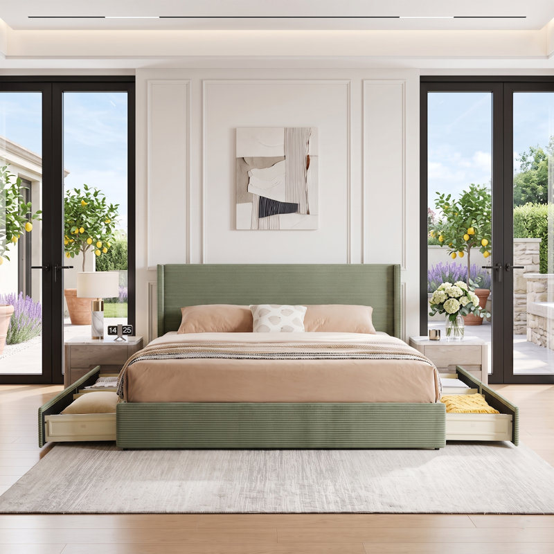 Modern Wingback Upholstered Platform Bed, Turtle, King