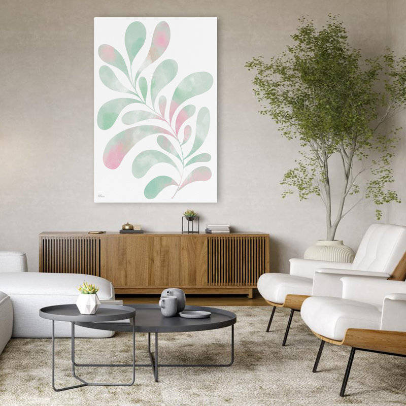 Menthe eucalyptus 2 - Art contemporain verdure stylisée, feuillage abstrait pastel rose et vert, H 48 po x l 32 po