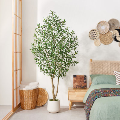 Adcock 7Ft Artificial Olive Tree In White Pot, Faux Silk Floor Plant With Realistic Olives & Lush Leaves For Modern Farmhouse Décor