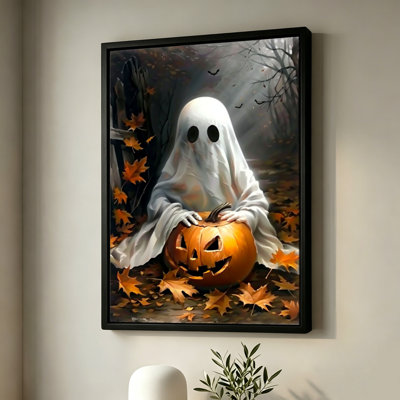 Personnage fantôme d'Halloween berçant une citrouille sculptée, tableau sur toile encadré, cadre beige, 61 x 91 cm