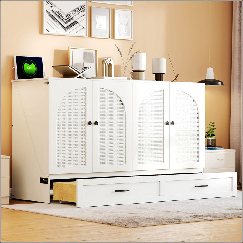 Grand lit escamotable avec grands tiroirs, blanc