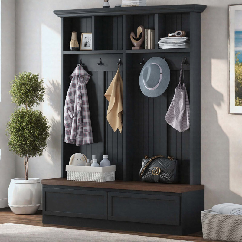 55.9" Farmhouse Hall Tree with Storage Bench, 2 Drawers & Coat Rack, Black, Black/Dark Walnut