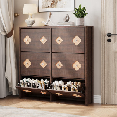 Armoire à chaussures avec tiroirs rabattables, armoire à chaussures étroite en bois à motif floral, armoire à chaussures mince autoportante avec tablettes réglables