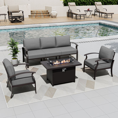 Outdoor Patio Aluminum 5-Person Conversation Set With LP Fire Pit Table&Glass Guard