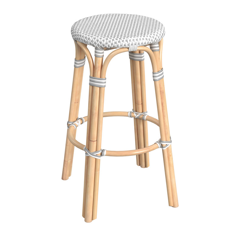 Alastair 30" Rattan Bar Stool - White/Gray Dot / Natural Rattan Frame, Bar Stool (30" Seat Height)