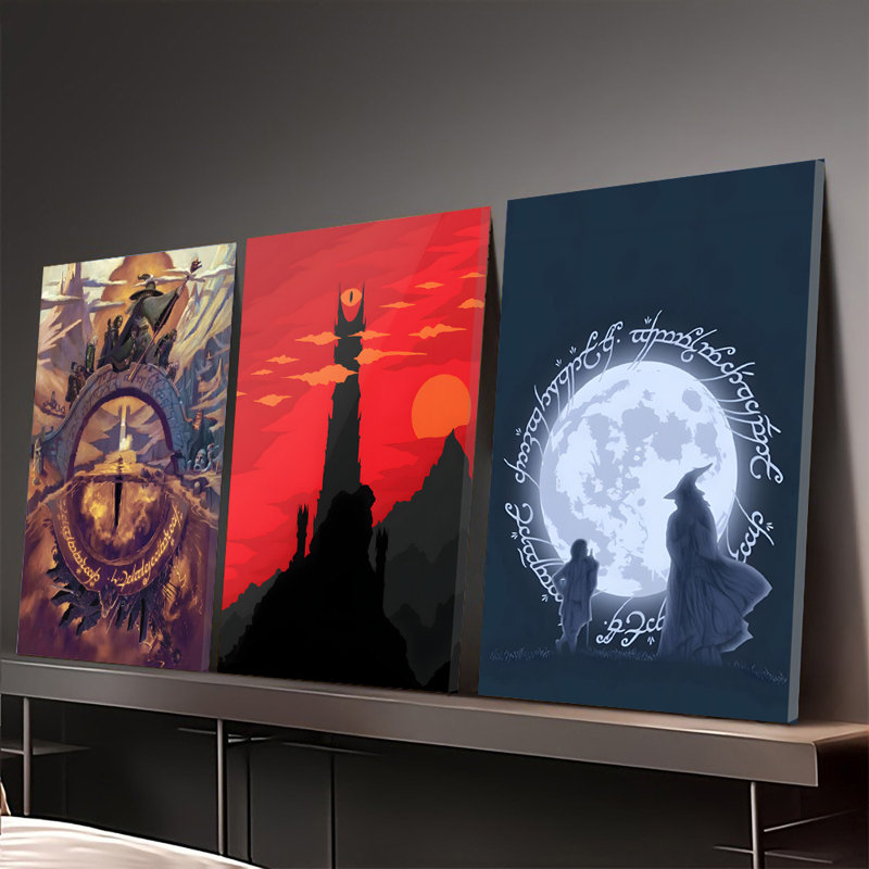 3PCS Wall Arts Posters Framed, The Lord of the Rings Trilogy Canvas Wall Art Set - Iconic Scenes from Middle Earth Including Fellowship Bridge, Barad-dur Tower and Gandalf with Moonlight - Perfect for Fantasy Fans and Home Decor
