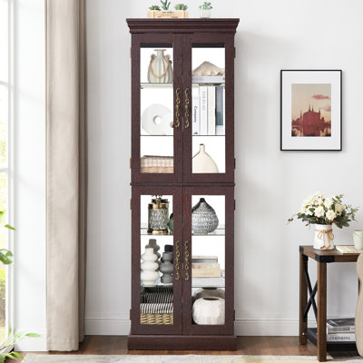 Glass Storage Display With Illuminated Feature And Movable Shelves - Dark Cherry Case Sophisticated Lighting System Quiet Door 12.07 In. Wide