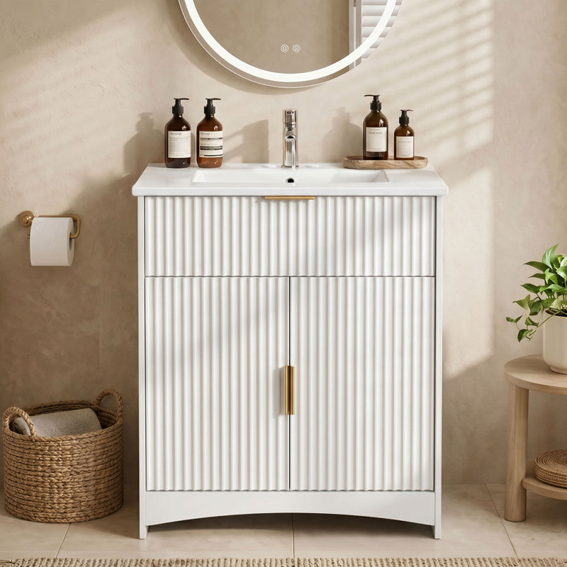 Meuble-lavabo moderne de 30 po avec lavabo en céramique, meuble-lavabo encastré cannelé, 2 portes et 1 tiroir, meuble de rangement autoportant avec tablette en U réglable, installation facile