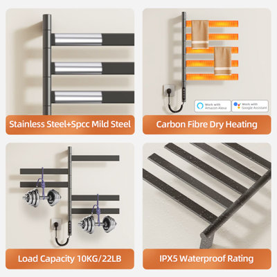 Smart Towel Warmer,  Low Carbon Steel Rotating Heated Towel Rack for Bathroom, Wall-Mounted Electric Towel Dryer with Swivel Bars, Smart Timer,  IPX5, Plug-in/Hardwired, Wi-Fi App Control
