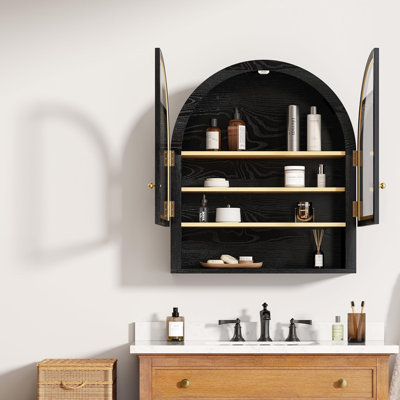 Grande armoire murale arquée avec porte en acrylique, armoire de salle de bain murale en bois, armoire à pharmacie suspendue moderne avec tablettes réglables et tablette ouverte, noir