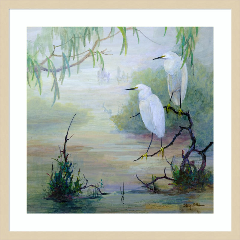 «Snowy Egrets in Wetlands» par Floy Zittin, impression sur bois encadrée, H 25 po x l 25 po