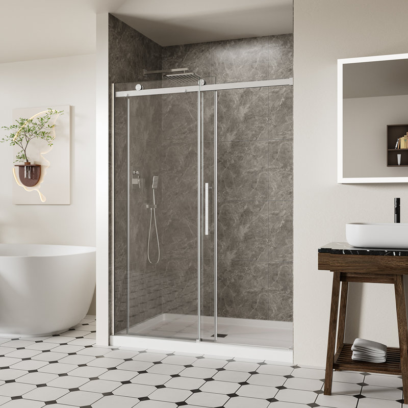 Porte de douche coulissante sans cadre de l 50 po à 54 po x H 74 po, verre trempé de 1/4 po (6 mm) avec revêtement antidéflagrant et revêtement Nano, bouchon inclus, chrome